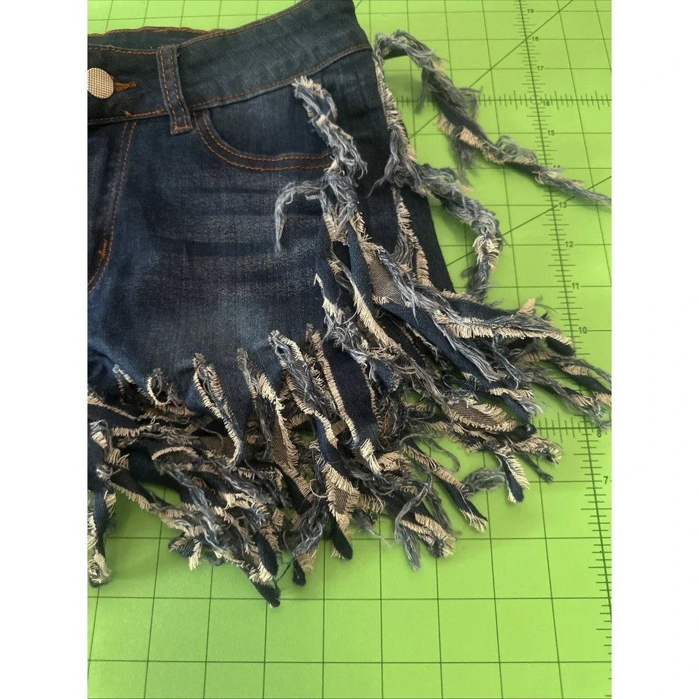 Women's‎ LING Fringe Hem Chain High Waisted Denim Shorts Dark Blue Size S